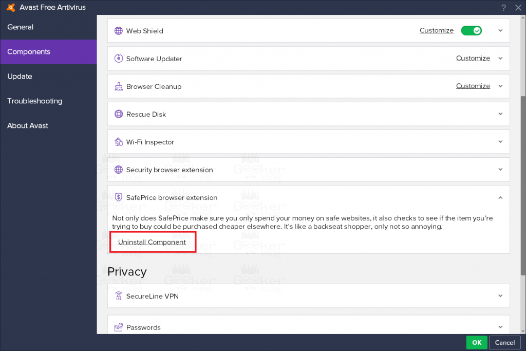 disable avast browser ad